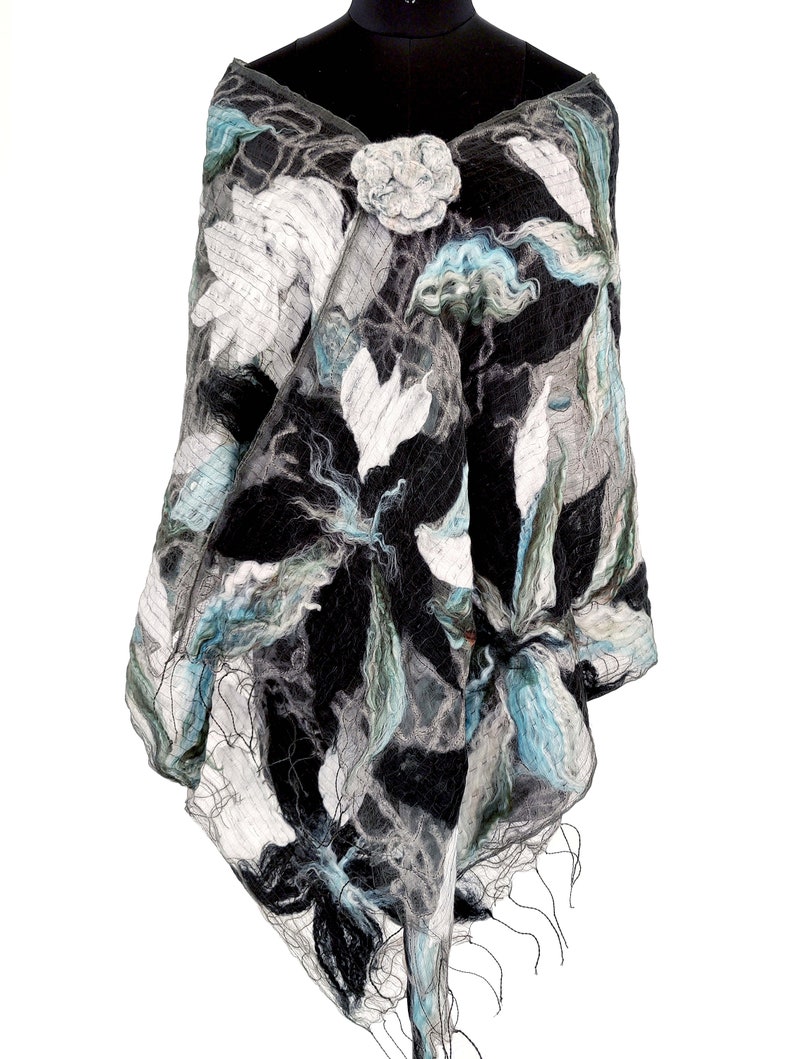 Blue Scarf, Cold Weather Wraps and Scarves for Women, Floral Felt Scarf, Felted Acrylic Wool Scarf, Black and White Scarf and Wrap image 9