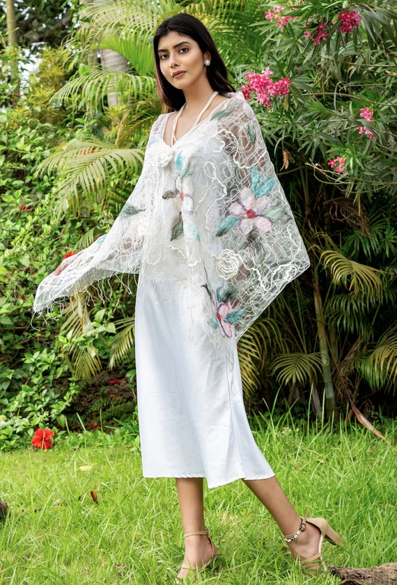 Snowy White Dry Felted Shawl, Silk and Acrylic Wool Felted White