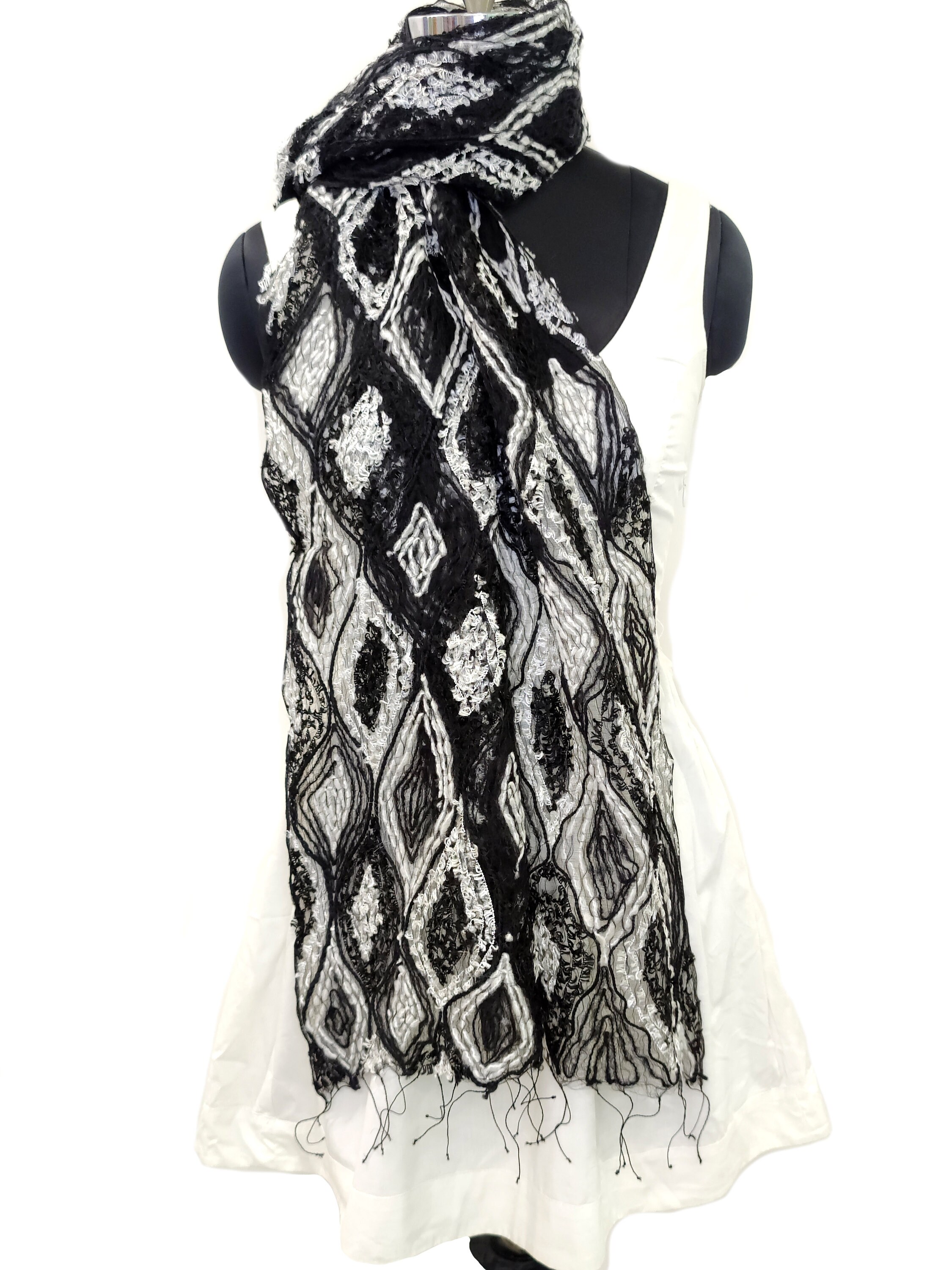 Black and White Handmade Scarf and Wrap for Women, Black Silk Acrylic ...