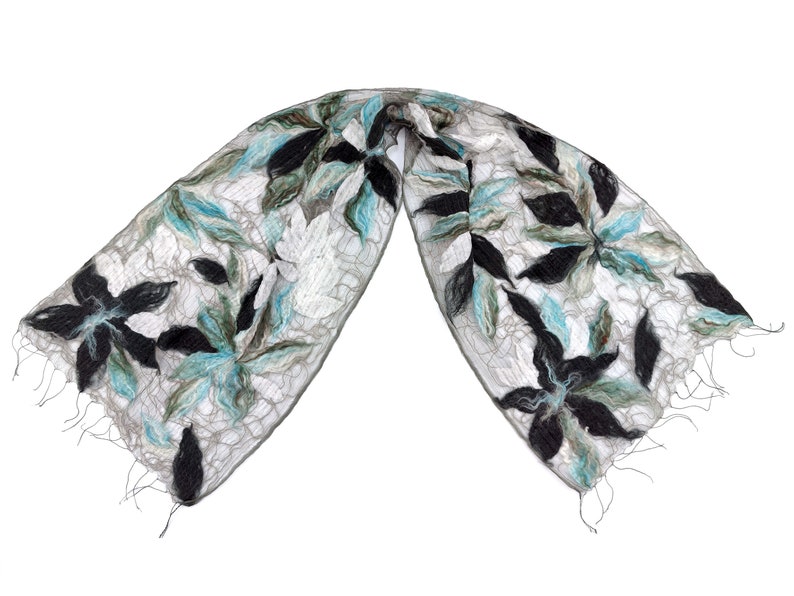 Blue Scarf, Cold Weather Wraps and Scarves for Women, Floral Felt Scarf, Felted Acrylic Wool Scarf, Black and White Scarf and Wrap image 3
