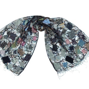 Black patchwork scarf, felt silk scarf, handmade scarf, artisinal scarf, scarves and wraps for woman, christmas gift for wife