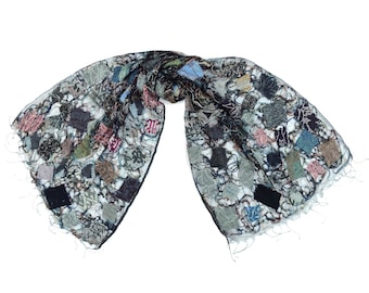 Black patchwork scarf, felt silk scarf, handmade scarf, artisinal scarf, scarves and wraps for woman, christmas gift for wife