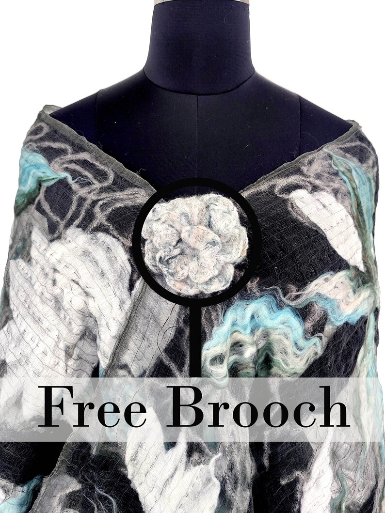 Blue Scarf, Cold Weather Wraps and Scarves for Women, Floral Felt Scarf, Felted Acrylic Wool Scarf, Black and White Scarf and Wrap image 8