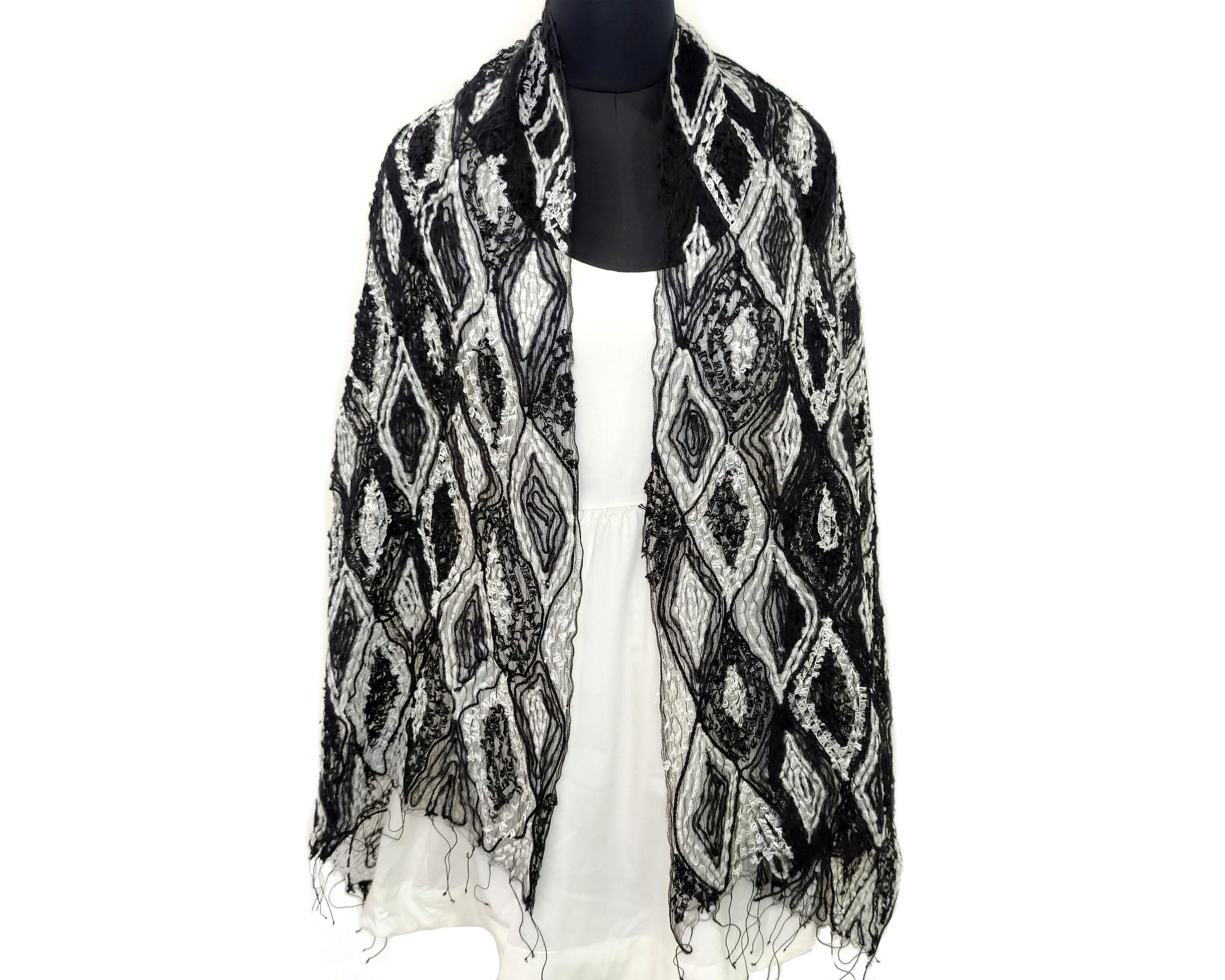 Black and White Handmade Scarf and Wrap for Women, Black Silk Acrylic ...