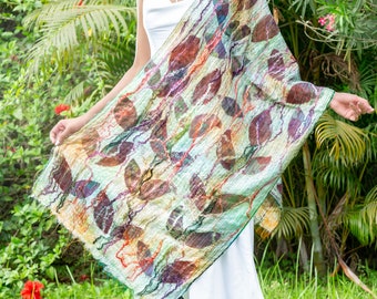 Nature Felt Shawl, Green Shawl Scarf, Super Soft Acrylic Wool and Silk Organza Scarf, Gift for Wife, Hand Printed Scarf, Lightweight Scarf