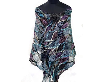 Pure Hand Crochet Embroidered Blue and Violet All Season Silk/Acrylic Scarf in Diamond Pattern