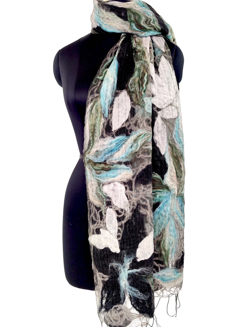 Blue Scarf, Cold Weather Wraps and Scarves for Women, Floral Felt Scarf, Felted Acrylic Wool Scarf, Black and White Scarf and Wrap image 6