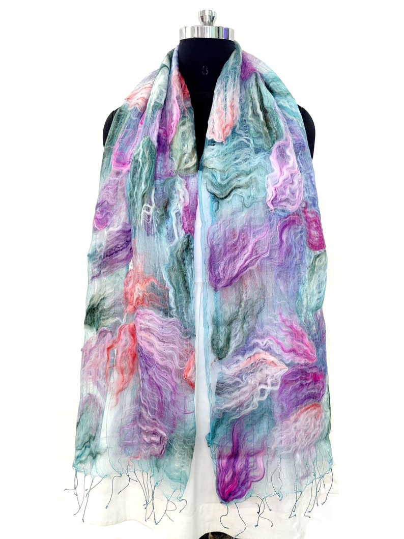 Felt wool acrylic shawl, floral pattern silk and acrylic wool scarf, winter scarf and wrap for women, holiday gift for her, women neck scarf image 6