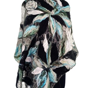 Blue Scarf, Cold Weather Wraps and Scarves for Women, Floral Felt Scarf, Felted Acrylic Wool Scarf, Black and White Scarf and Wrap image 7