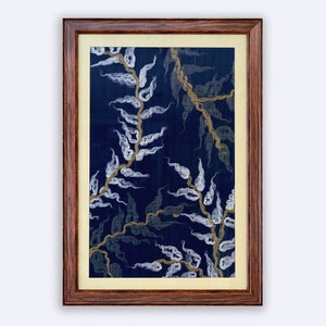 Whispers of Tranquility - Handmade Navy Framed Textile Art, Framed Fabric, Handmade Felted Art, Home Decor Portrait, Fabric Leafy Painting