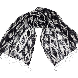 Black and White Handmade Scarf and Wrap for Women, Black Silk Acrylic Scarf, Lightweight Breezy Scarf for Women, Spring Summer Scarf