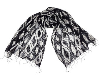 Black and White Handmade Scarf and Wrap for Women, Black Silk Acrylic Scarf, Lightweight Breezy Scarf for Women, Spring Summer Scarf