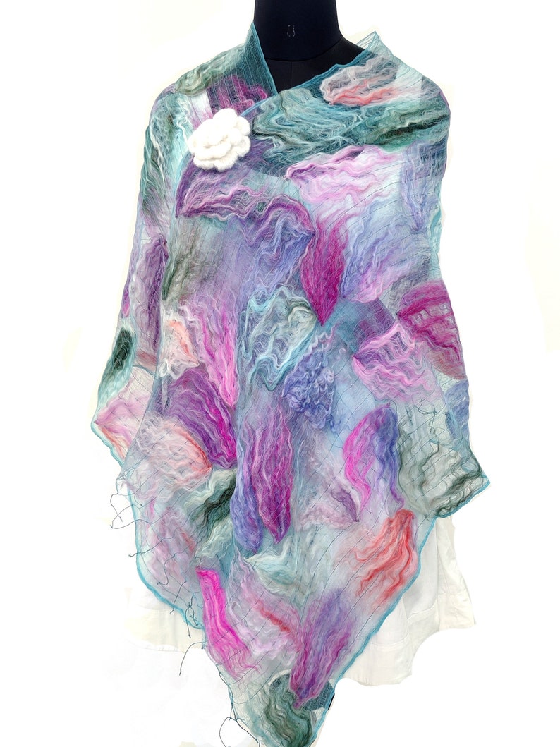 Felt wool acrylic shawl, floral pattern silk and acrylic wool scarf, winter scarf and wrap for women, holiday gift for her, women neck scarf image 7