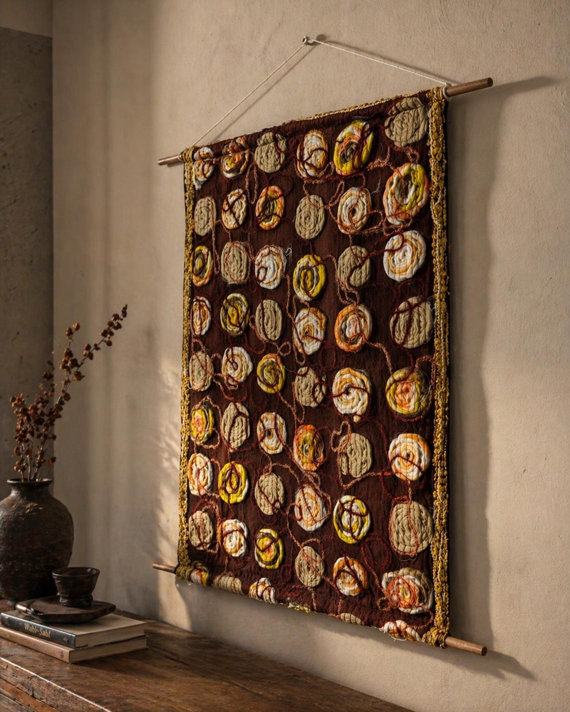 Textured Fiber Art Wall Hanging – Brown Base With Sculpted Spiral ...