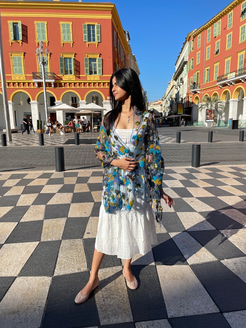 Foulard brodé à la main, foulards et cachemires légers pour femmes, écharpe bleue pour femme, cachemire brodé à fleurs, écharpe cachemire pour femme image 3