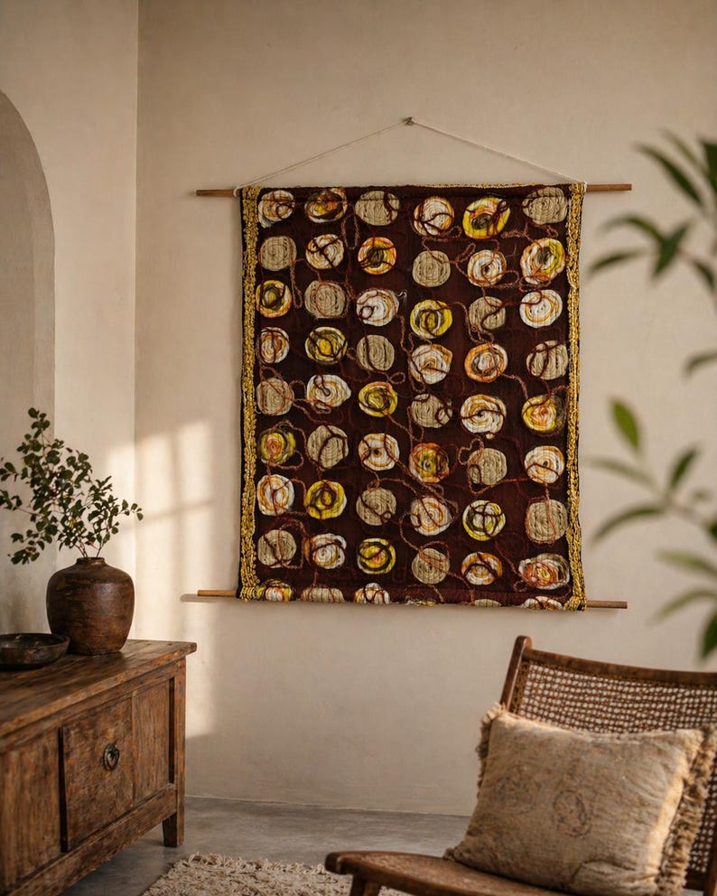 Textured Fiber Art Wall Hanging – Brown Base With Sculpted Spiral ...