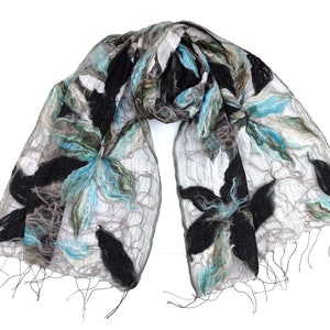 Blue Scarf, Cold Weather Wraps and Scarves for Women, Floral Felt Scarf, Felted Acrylic Wool Scarf, Black and White Scarf and Wrap image 4