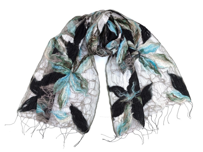 Blue Scarf, Cold Weather Wraps and Scarves for Women, Floral Felt Scarf, Felted Acrylic Wool Scarf, Black and White Scarf and Wrap image 4