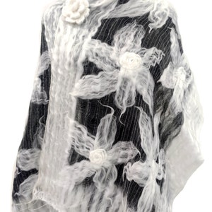 Snowy White and Black Shawl, Floral Design Felt Wrap Scarf, White Wrap with Knitted Brooch, Winter Scarf for Women, Wool and Silk Scarf Wrap image 9