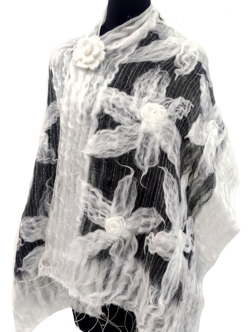 Snowy White and Black Shawl, Floral Design Felt Wrap Scarf, White Wrap with Knitted Brooch, Winter Scarf for Women, Wool and Silk Scarf Wrap image 9