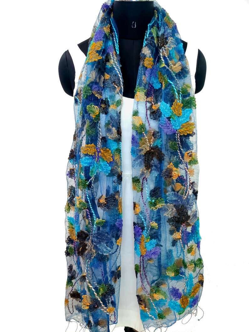 Hand embroidered neck scarf, lightweight scarves & wraps for women, blue scarf for women, floral embroidered wrap, wrap scarf for women image 7