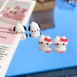 Pendientes de botón con cabeza de muñeca adorable, dibujos animados, animación, perro, gato y KT en plata 925