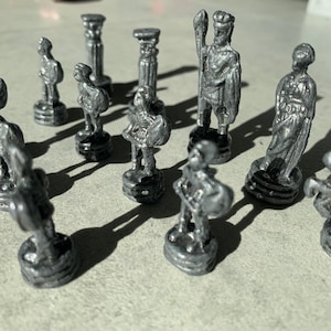 Vintage METAL CHESS PAWNS Ancient Roman Empire style set of 13 collectible figurines Queen King Columns Pawns Horse