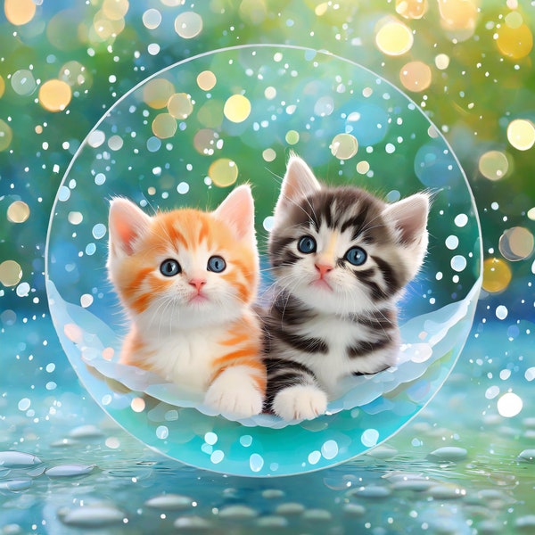 Two gray and orange baby kittens with blue eyes playing with Water,Cat Printable clipart,High QualityJPG,Digital download,Commercial use