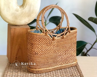 Handwoven Rattan Top Handle Bag – Bali Ata Grass, Batik Lined Summer Bag