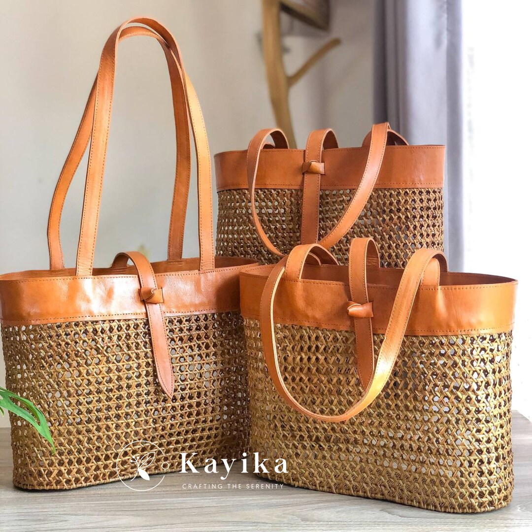 SALE Net Rattan Summer Bag With Leather Strap - Handwoven Bali Fashion ...