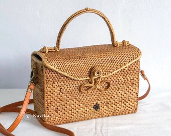 Rattan Top Handle and Crossbody Bags with Leather Strap, Birthday Gift, Rattan Summer Bags, Gift For Women, Wedding Gift