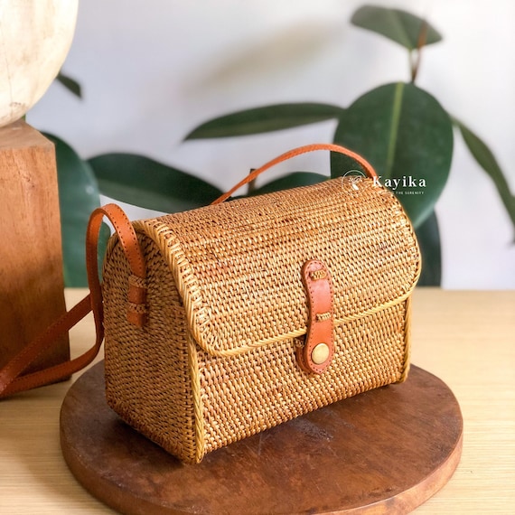 Handmade Rattan Crossbody Bag, Bohemian Summer Beach Purse, Ata Grass Bali Bag
