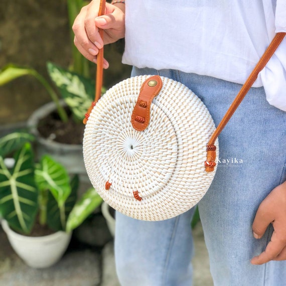 Round Rattan Sling Bag Shoulder Bag Summer Woven Bag Etsy
