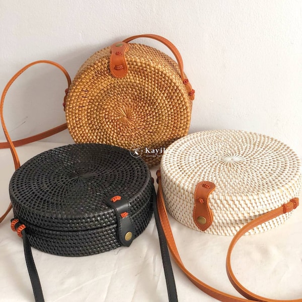 Round Rattan Bag - Lombok crafts, Straw Sling Bags, Woven Summer Crossbody Bags, Gift For Mom, Shoulder Bag, Gift For Women