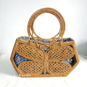 Butterfly Top Handle Rattan Bag - Chic Top Handle Style, Straw Bag, Handwoven Bag, Summer Bag, Bohemian Handbag, Birthday Gift
