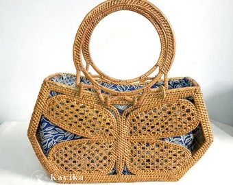 Handwoven Rattan Butterfly Bag - Bali Ata Grass, Batik Lining, Elegant Summer Bag