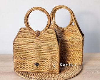 Handmade Rattan Top Handle Bag, Woven Ata Grass Handbag, Batik Lining, Elegant Summer Bag