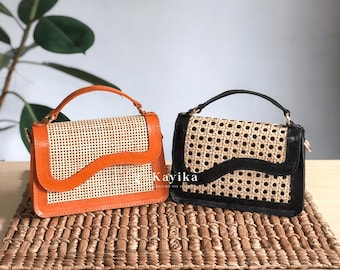 Handmade Cane Webbing & Leather Bag – Balinese Artisan Design, Getaway Summer Bag