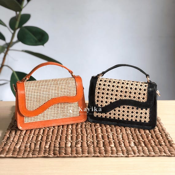 Sac à bandoulière en cuir et toile de rotin fait main Conception