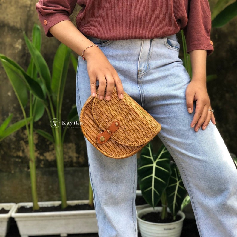 Half Round Rattan Sling Bag, Crossbody Woven Bag, Holiday Bag, Women Bag, Balinese Bag, Gift For Women, Wedding Gift, Birthday Gift image 2