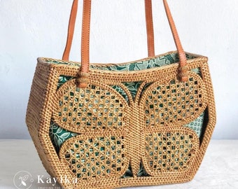 Bolso de hombro de ratán con mariposas, bolso de mimbre estilo bohemio, bolso de playa de verano.