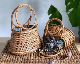 Handmade Rattan Top Handle Bag – Balinese Ata Grass, Batik Lined, Timeless Summer Bag