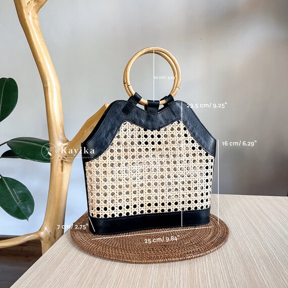 Sac à poignée supérieure en rotin tissé à la main, Sac en toile de