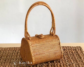 Handmade Pear Shape Rattan Bag, Top Handle Straw Purse, Summer Handbag