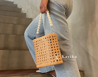 Handmade Rattan Woven Bag – Pearl Handle, Indonesian Straw Purse, Summer Handbag
