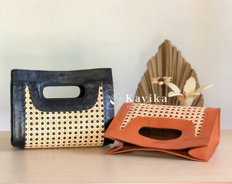 Rattan-Clutch, handgewebte Henkeltasche, Korbgeflecht mit Ledertasche, Sommer-Geldbörse, Geschenk für Sie, Weihnachtsgeschenk und Muttertagsgeschenk