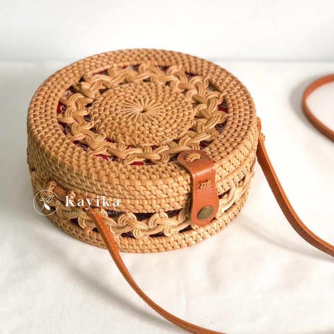Round Rattan Sling Bag With Double Braid Pattern, Handwoven Shoulder