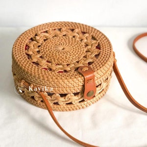 Round Rattan Sling Bag With Double Braid Pattern, Handwoven Shoulder Bag, Gift For Mom, Summer bags, Gift For Women, Wedding Gift