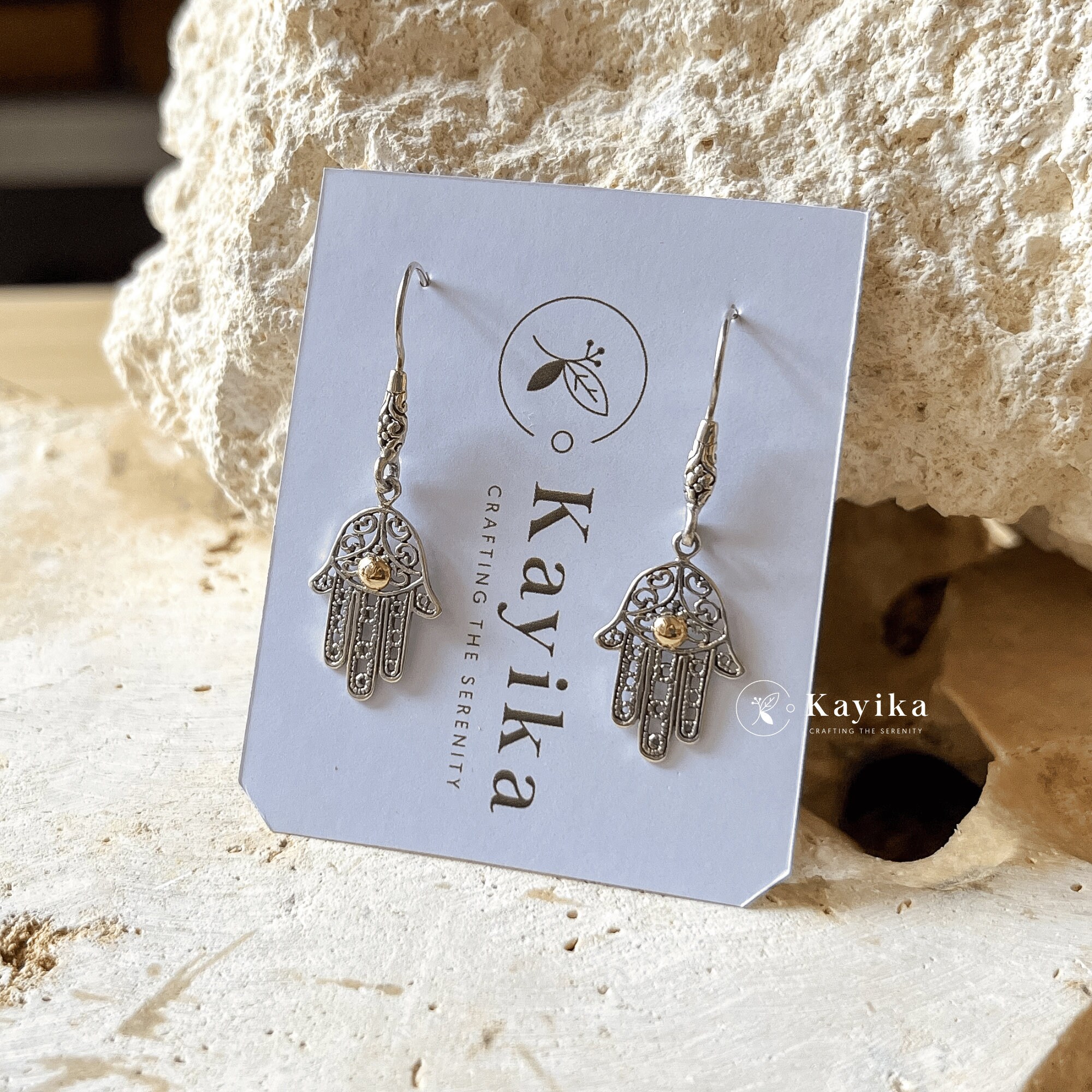 Silver With Golden Hamsa Earrings, Gold Foil, 925 Silver, Bali