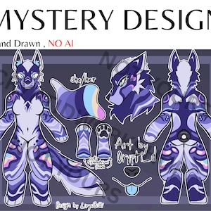 May include: A digital art design featuring a purple and white anthropomorphic wolf character with a detailed design. The image includes the text "MYSTERY DESIGN", "Hand Drawn, NO AI", and "she/her". The design is by LirysBiBi and art by Cryptid.